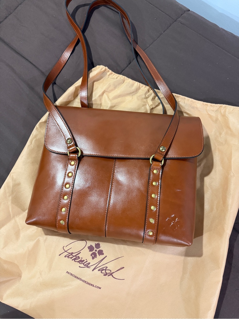 Patricia Nash Cognac Leather Stud-Accent Shoulder Bag